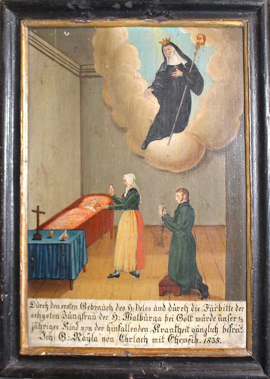 Wo irdische Medizin vergebens war, half der Beistand der heiligen Walburga. Diese Votivtafel aus dem Jahr 1835 berichtet von der Heilung eines Kindes von der „hinfallenden Krankheit“ (Epilepsie). Foto: Gess