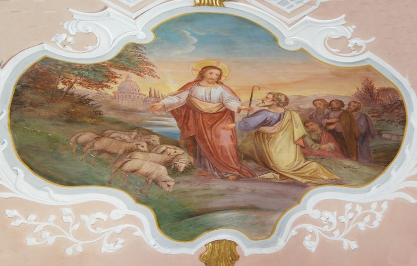 „Weide meine Lämmer ...“, Deckengemälde in der Pfarrkirche St. Peter und Paul, Rögling.
