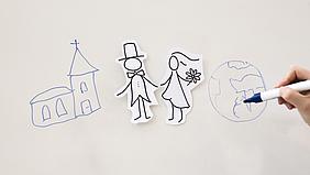 gezeichnetes Ehepaar vor Kirche