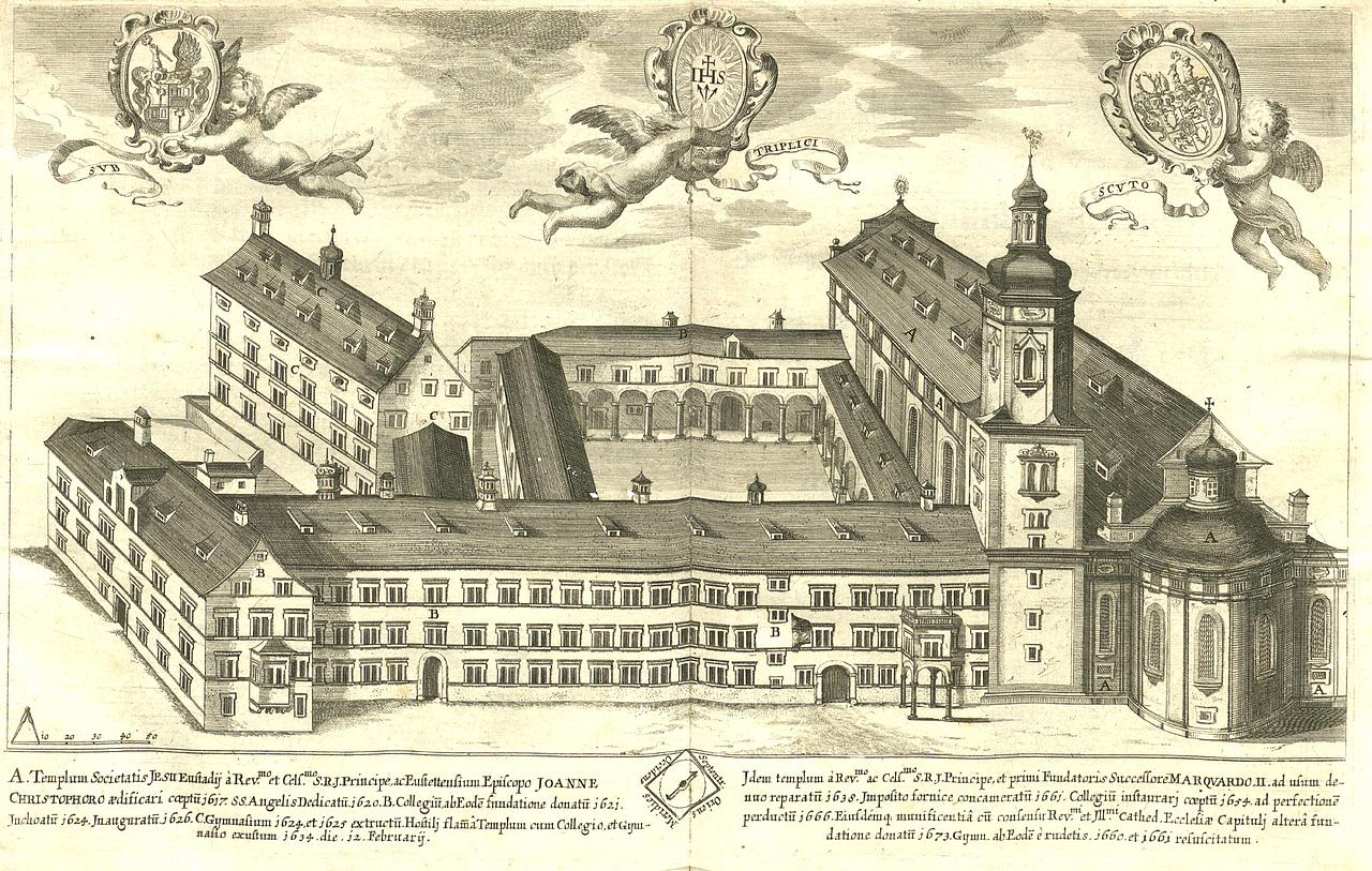 Das neue Jesuitenkolleg: Der Stich zeigt die Schutzengelkirche und das Jesuitenkolleg im Jahr 1673, also wenige Jahre nachdem die Gebäude nach dem großen Brand von 1634 wiedererrichtet wurden. Foto: Bischöfliches Seminar