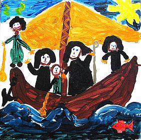 Illustration aus dem Buch: "Die Überfahrt" - Anna, Lea, Robin, Sophia
